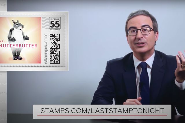 A photo of John Oliver and Mr. Nutbutter stamp